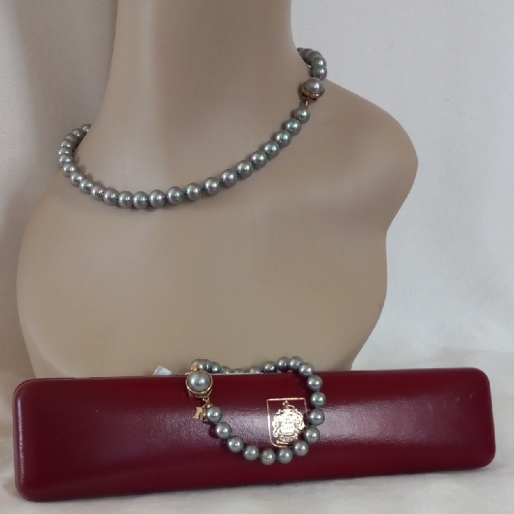 Majorica Spain - Gray Pearl Necklace 16.4" L with Matching Bracelet 7.25" L